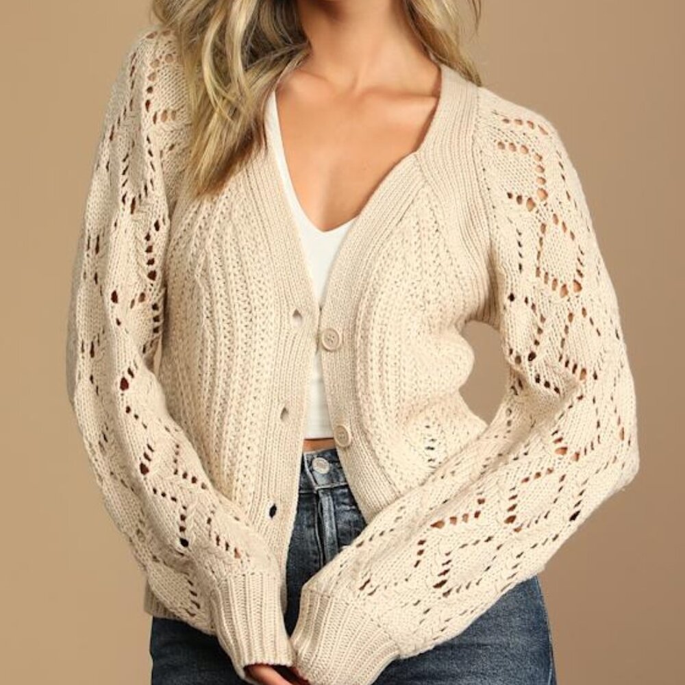 Lulus Autumnal Of A Sudden Beige Pointelle Button-up Cardigan - Size XS